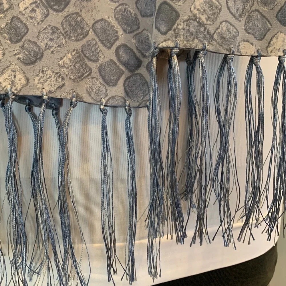 Francesca 💯 silk scarf in blueish grey hues in tiles with sexy fringe Italy made